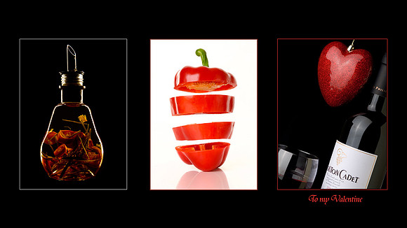 A montage of three product photography images, a bottle of olive oil, a sliced red pepper and a bottle of wine with a love heart for Valentines day